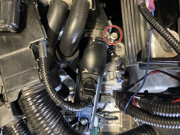 Loosen the band clamp with a flathead or 8mm socked and ratchet