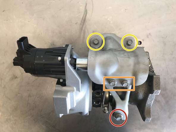 In order to correctly position the turbo heat shield bracket we need to install the heat shield for alignment. The heat shield will be removed once the bracket is positioned and torqued
