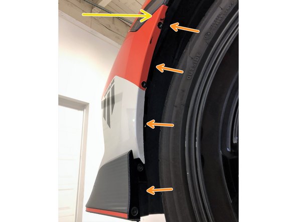 Push the fender liner so all parts of it end up inside the rear edge of the bumper/front lip. This is shown completed in image 2