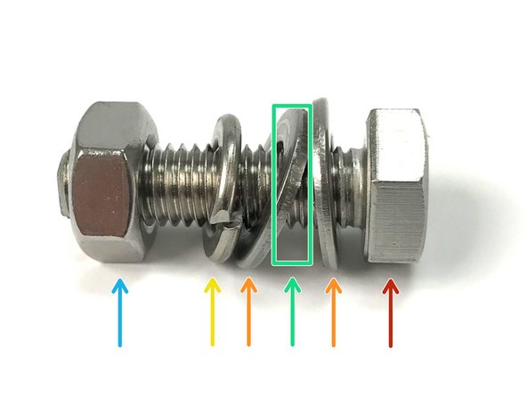 The location of the flat washers, flanges, and split lock washer are critical for proper fastening and vibration resistance.
