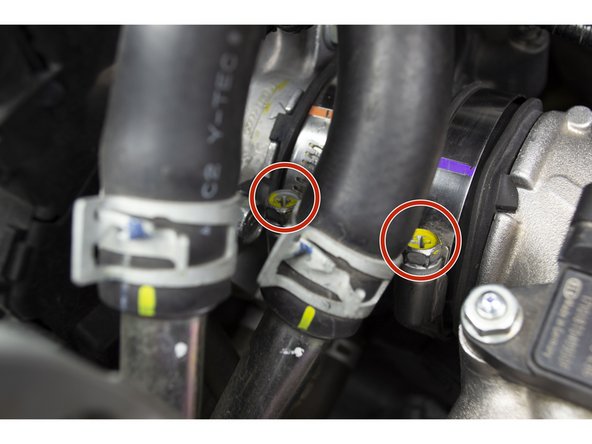 With a 10mm socket, extension and ratchet loosen the two (2) hose clamps