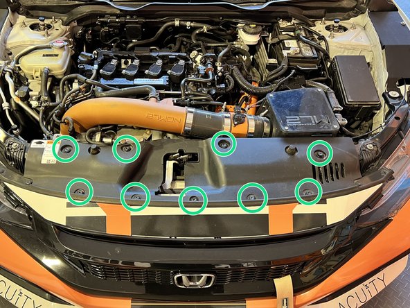 Locate the nine plastic push clips circled in green