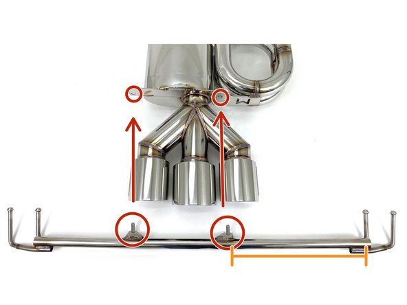 The two brackets on the hanger bar circled in red will align with the holes in plate on the muffler section also circled in red