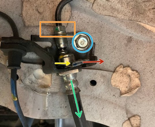 Use a 10mm line wrench to loosen the threaded brakeline connection (shown with orange box) then pull chassis side brakeline from the connection