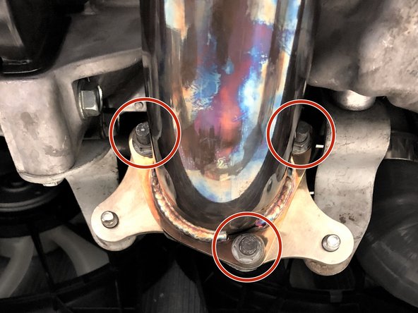Once happy with fitment, begin by tightening the three 14mm nuts that attach the front-pipe to the downpipe. Torque to 30-40 lb-ft