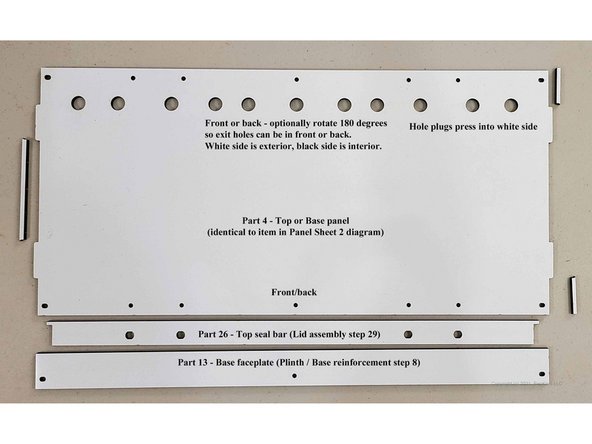 Another panel holds panel parts 4, 26, and 13.  There are actually two panel parts 4, and one of them is on another panel sheet.  One serves as the box top, and the other as the box base.  It's the big rectangle here with 11 large exit holes, tabs on both ends, and 7 screw holes at the front and back.