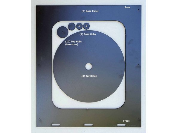 This panel contains the Base Panel (3), Turntable (8), Base Hubs (9), and Top Hubs (10).