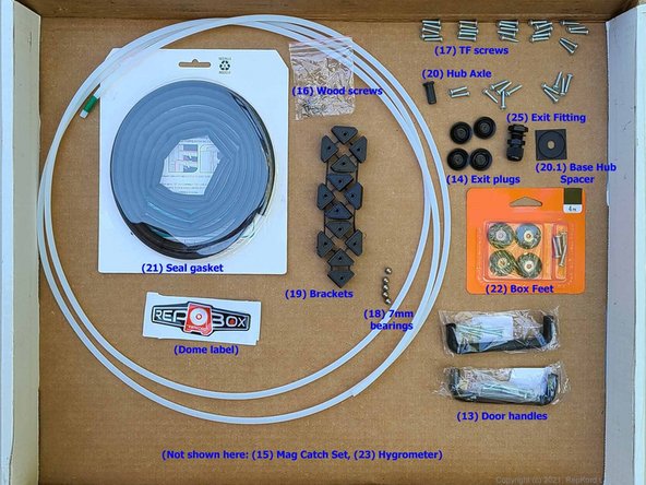 This picture shows most of the hardware parts that come with the RepBox v1.1.