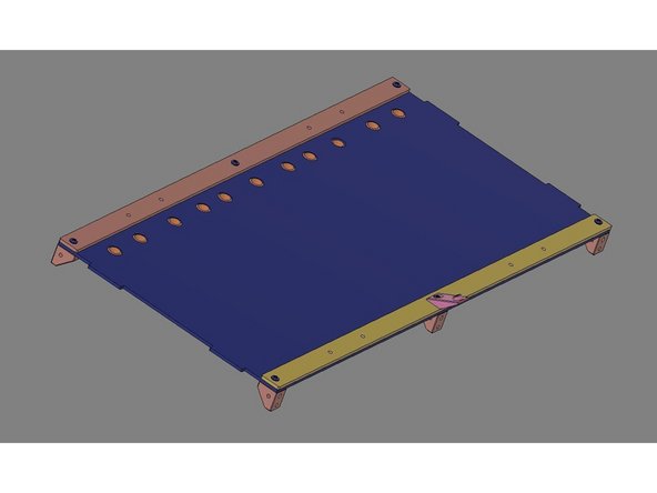 IMG 1 - Locate x2 Spacer Bars and align them to the Bottom Panel as shown. Have x6 Brackets, x6 TF Screws and the Exit clip ready for assembly.