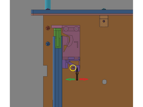 IMG 2 - The Glide Latches have an adjustment feature that slides back/forth to lift/lower the Drawer Front Assembly. To slide this feature, gently press the slide's adjustment arm inward (highlighted with the Black Arrow) and slide the feature towards the Glide Rail to lift it (Green Arrow) and away to lower it (Red Arrow).