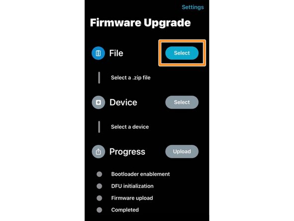 Click the &quot;Select&quot; icon.  Navigate the directory to find the firmware update ZIP folder saved on your device.