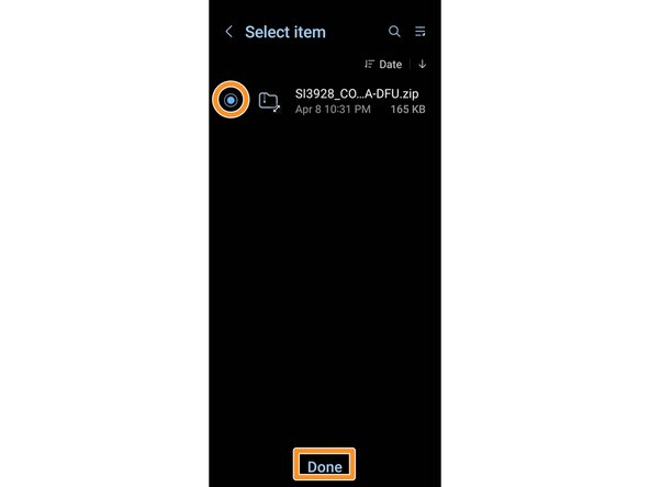 Click the &quot;Select&quot; icon.  Navigate the directory to find the firmware update ZIP folder saved on your device.