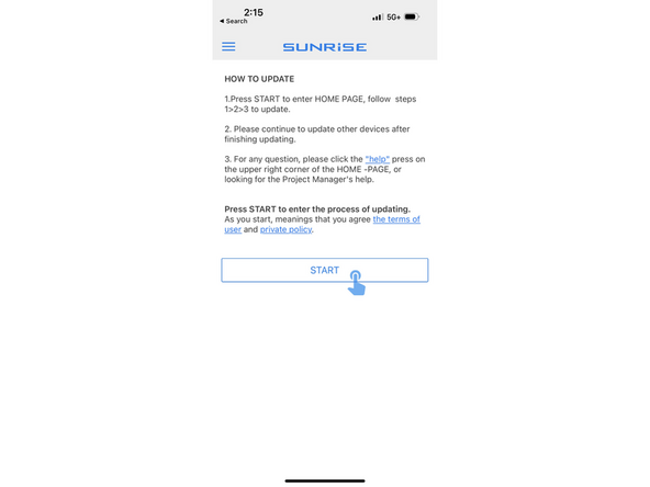 Open the App on your mobile device and click the " START " button to enter the OTA process.