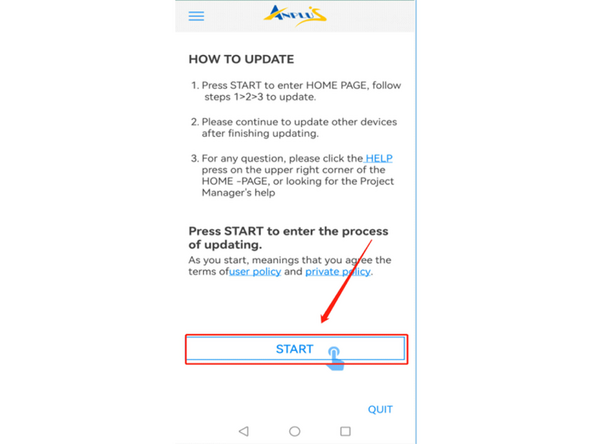 Open the App on your mobile device and click the &quot; START &quot; button to enter the OTA process.