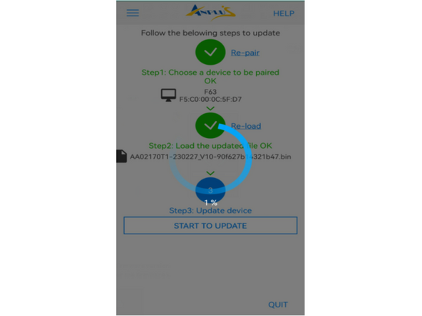 When the app shows &quot;100%&quot; updated, the screen jumps back to the original screen from Step 3, meanwhile the console beeps and automatically restarts.
