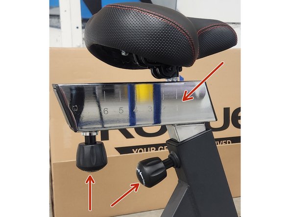 Lower the seat into position number 1.  Move the seat forward to position number 1.  Tighten both pop-pins.
