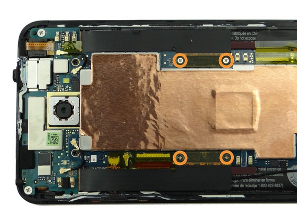 From SLOT 2, replace four 1.6 mm Phillips #00 screws securing the two large daughter board flex cables.