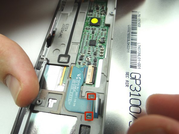 Picture 3: Make sure LCD cable is situated as pictured (note the tabs in red squares).