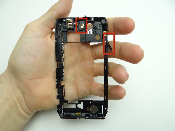 Pictures 2 &amp; 3: The headphone jack and speaker are replaceable.  However, the rear camera flash and volume rocker (red squares) should be replaced with the mid-frame as one assembly.