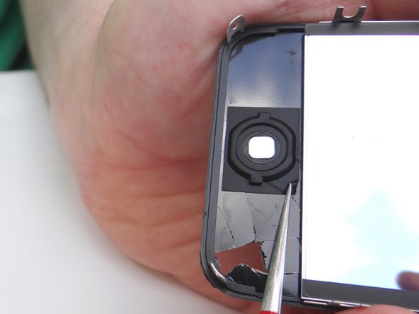 Picture 1: Use the fine point tweezers to pinch the edge of the tape holding the home button in place.