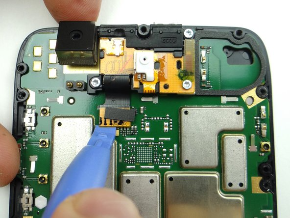 Use the blue pry tool to disconnect the front-facing camera and &amp; microphone assembly.