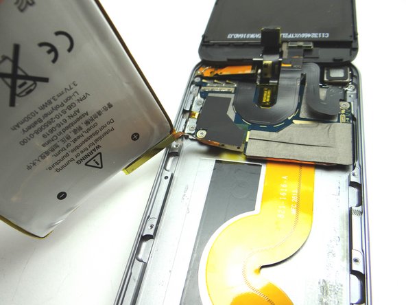 Pictures 1-3: Rotate battery clockwise to fold it away from iPod.