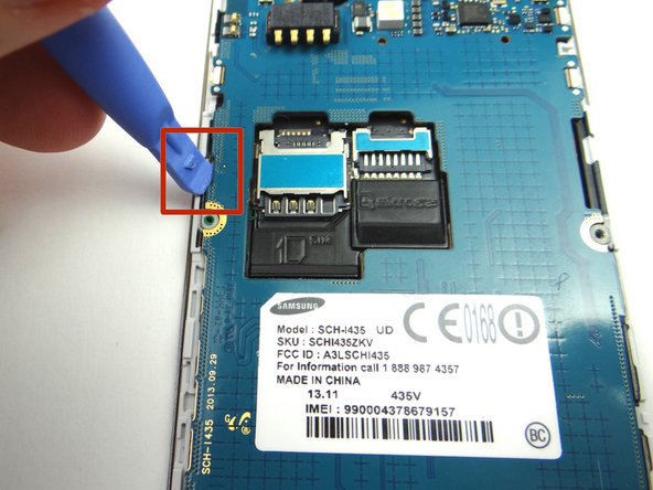Picture 1: Wedge blue pry tool between logic board and front panel exactly where pictured.  Lift left edge free from front panel.