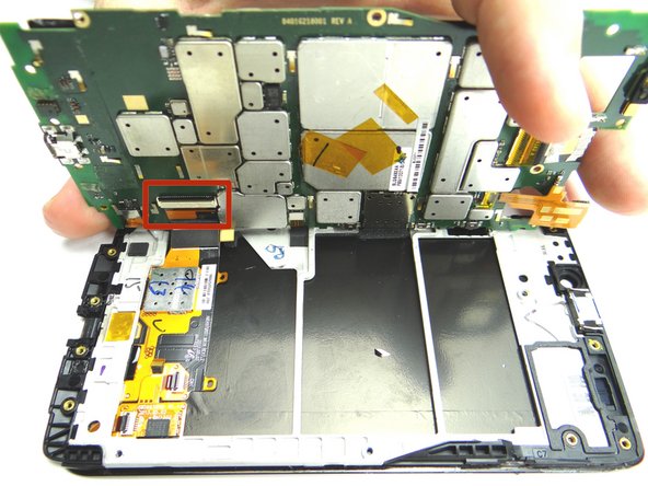 Pictures 1 &amp; 2: Use the blue pry tool to open the black swing bar of the display cable ZIF connector.