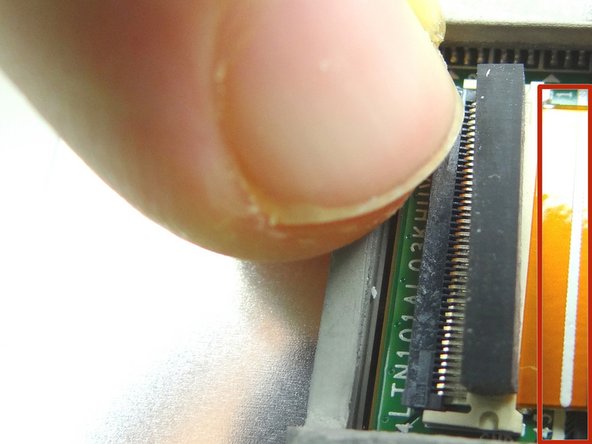 Picture 3: Make sure white line (red rectangle) on LCD cable aligns with white line on PCB board.  Then close ZIF connector.