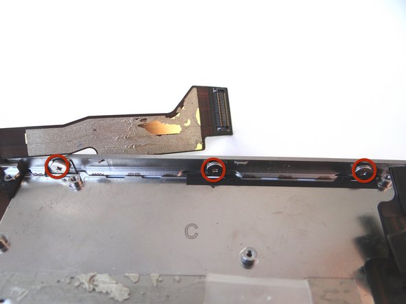 Picture 3: Loosen the three large-head Phillips screws along the right side of the iPhone about one half turn, taking care not to remove these screws.