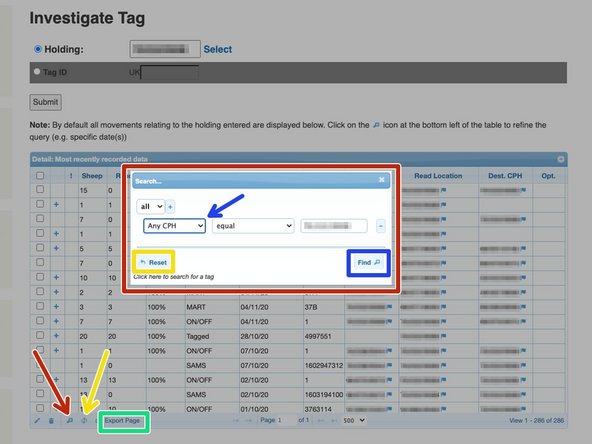 To narrow down a search, click on the magnifying glass at the bottom left of the table as shown by the red arrow and the box shown in red will appear.