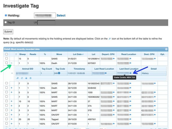 Click on the + to view the list of tag numbers for that movement.
