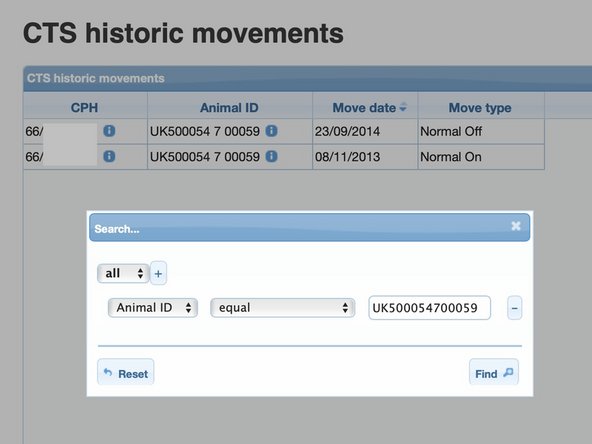 Searching for the historic movements for the animal ID returns the On and the Off CTS moves recorded in 2013 and 2014 respectively.