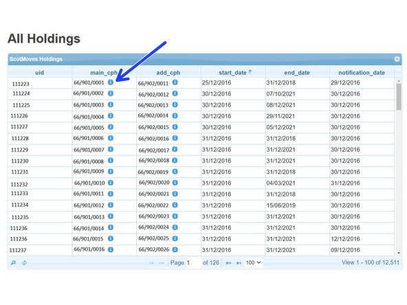 Adjacent to the CPH number the blue i information symbol when selected,  displays the address, current number of cattle and number of calves born in the last year on that holding.