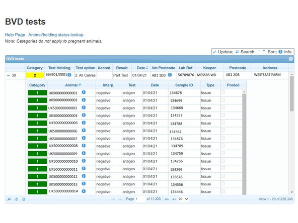 To show the individual sample results uploaded in the most recent batch for each holding, select the + sign next to the number of samples. This will expand listing the Animal ID, Result, Test Type (Antigen or antibody), Date, Sample ID and Sample Type.