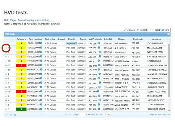 To show the individual sample results uploaded in the most recent batch for each holding, select the + sign next to the number of samples. This will expand listing the Animal ID, Result, Test Type (Antigen or antibody), Date, Sample ID and Sample Type.