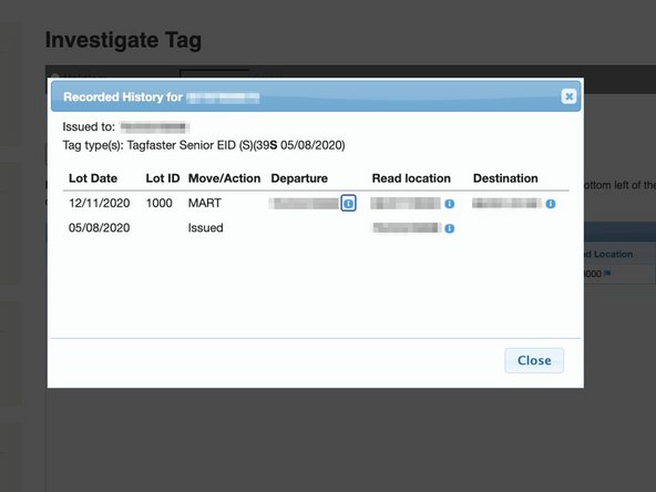 If any information found for the specific tag number a box will appear, which shows this animal's history.  Where it was tagged and which holdings it has been on and the movements which have been recorded.