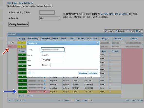 If a result has been uploaded with an error in the animal ID, the whole batch of results will be highlighted in pink as shown by the red arrow. If you hover your cursor over this box, a label will appear stating the number of sample problems within the batch.