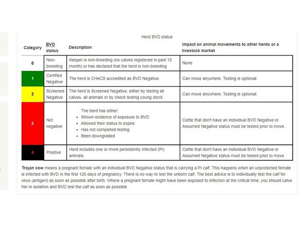 The second image shows the Herd BVD Status outlining the categories, the description and impact on animal movement to other herds or a livestock market.