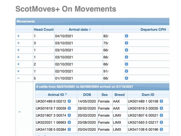 You can view your ON moves along with all the movements you have recorded using ScotMoves+ on ScotEID on the 'View' On Movements table.