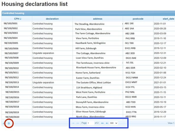 The  declaration list can be downloaded to Excel by selecting the icon circled red at the bottom left of the table.
