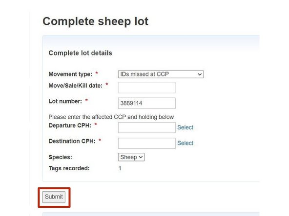 Enter the information including: Departure CPH, destination CPH, movement date, lot number etc