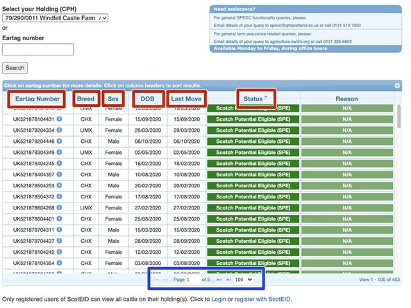 When searching by your holding number, a list of all cattle currently on your holding  will show in a table