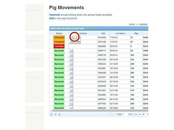 Click on the pencil icon to select the Pig Movement you wish to amend.
