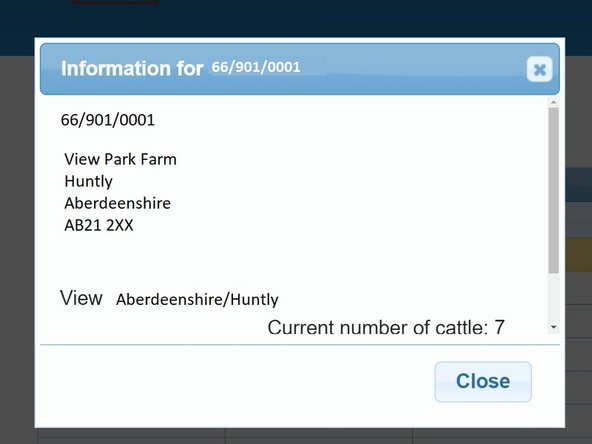 Adjacent to the CPH number the blue i information symbol when selected,  displays the address, current number of cattle and number of calves born in the last year on that holding.