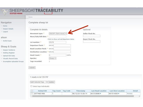 The movement type will automatically appear as an ON/OFF (Farm move), this can be changed by clicking on the drop down arrow.