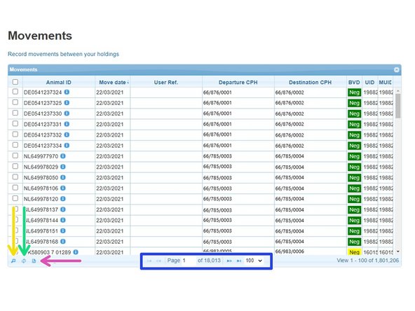 The table shows all moves that have been processed. To move between pages, or change the number of lines displayed per page, use the arrows in the blue box.