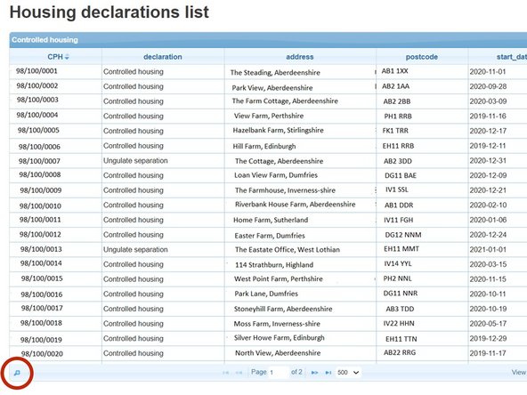 Select the magnifying glass at the bottom left of the table to search  for a  CPH, Declaration, Address or Postcode.