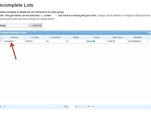 If you wish to complete a lot which is showing, click on Complete in the appropriate line, as shown by the red arrow in the first image.