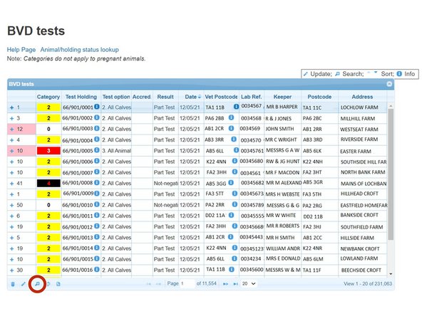 The magnifying glass at the bottom left of the table, will allow you to search the BVD tests using different criteria.